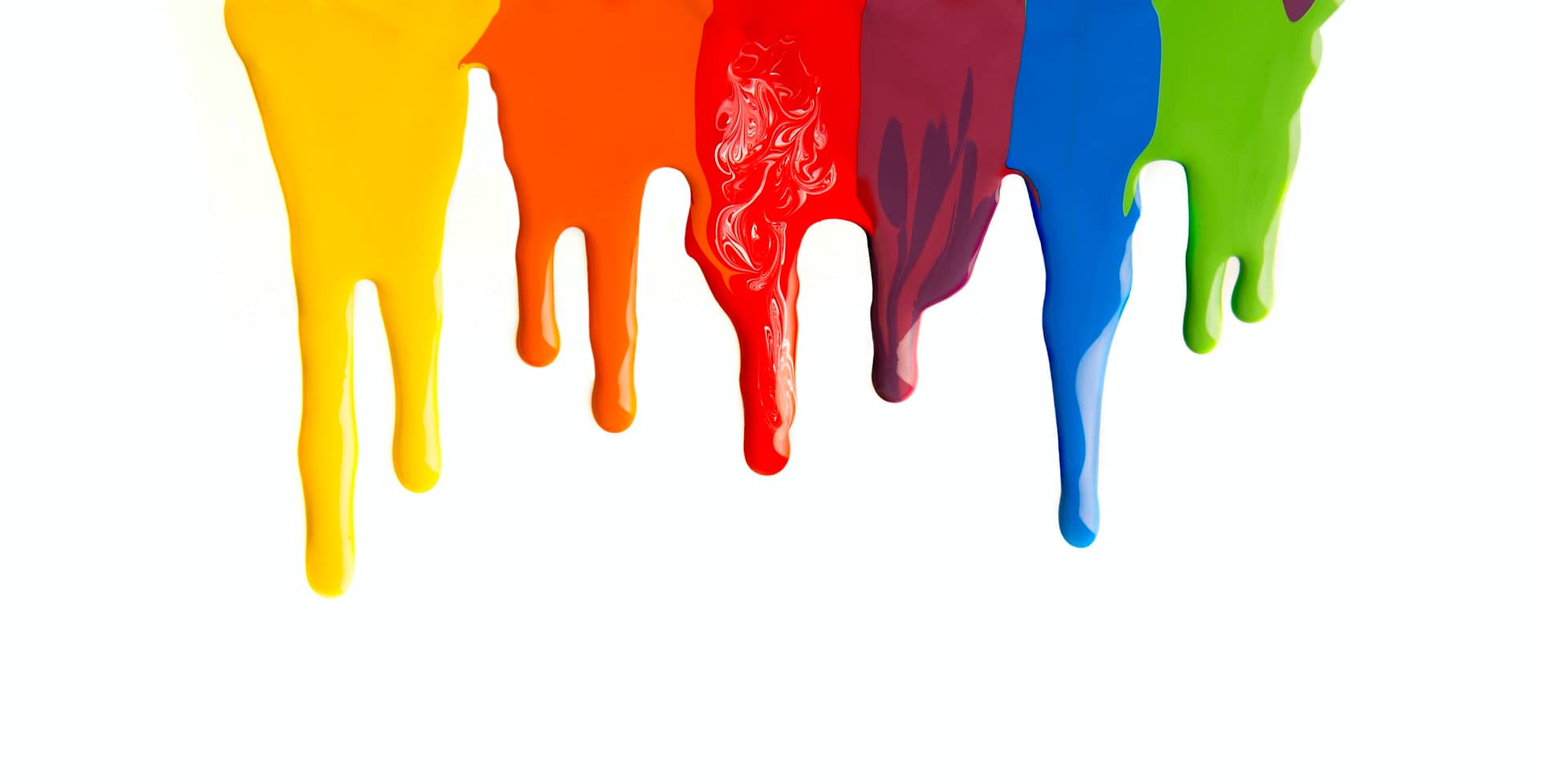 Colorful paint stains dripping from the top on white background