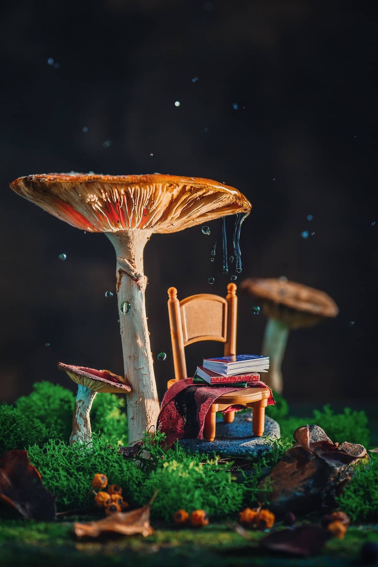 Tiny chair with plaid and a stack of books under a gigantic mushroom with moss and raindrops