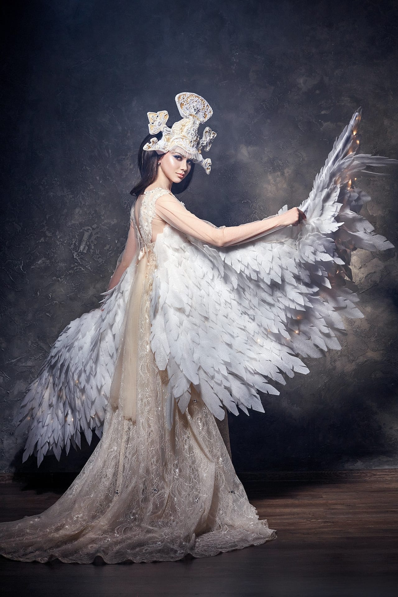 Art angel girl with wings fairy image. Swan Princess, Queen of angels. Lovely dress with wings
